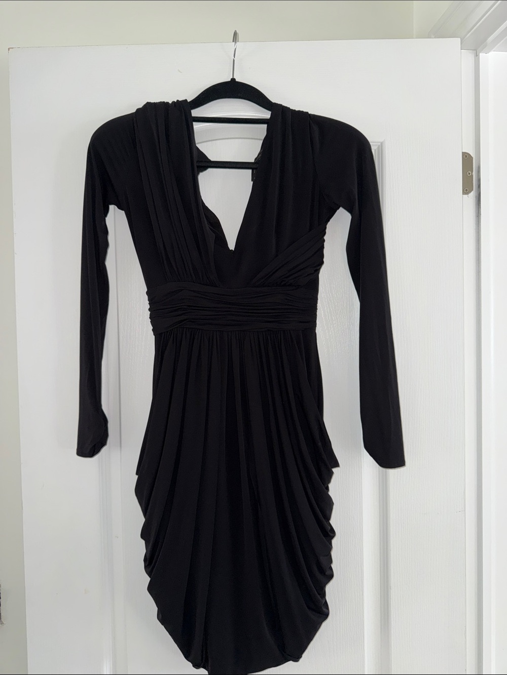 BCBG Black Long Sleeve Plunging V-Neck Ruched Dress